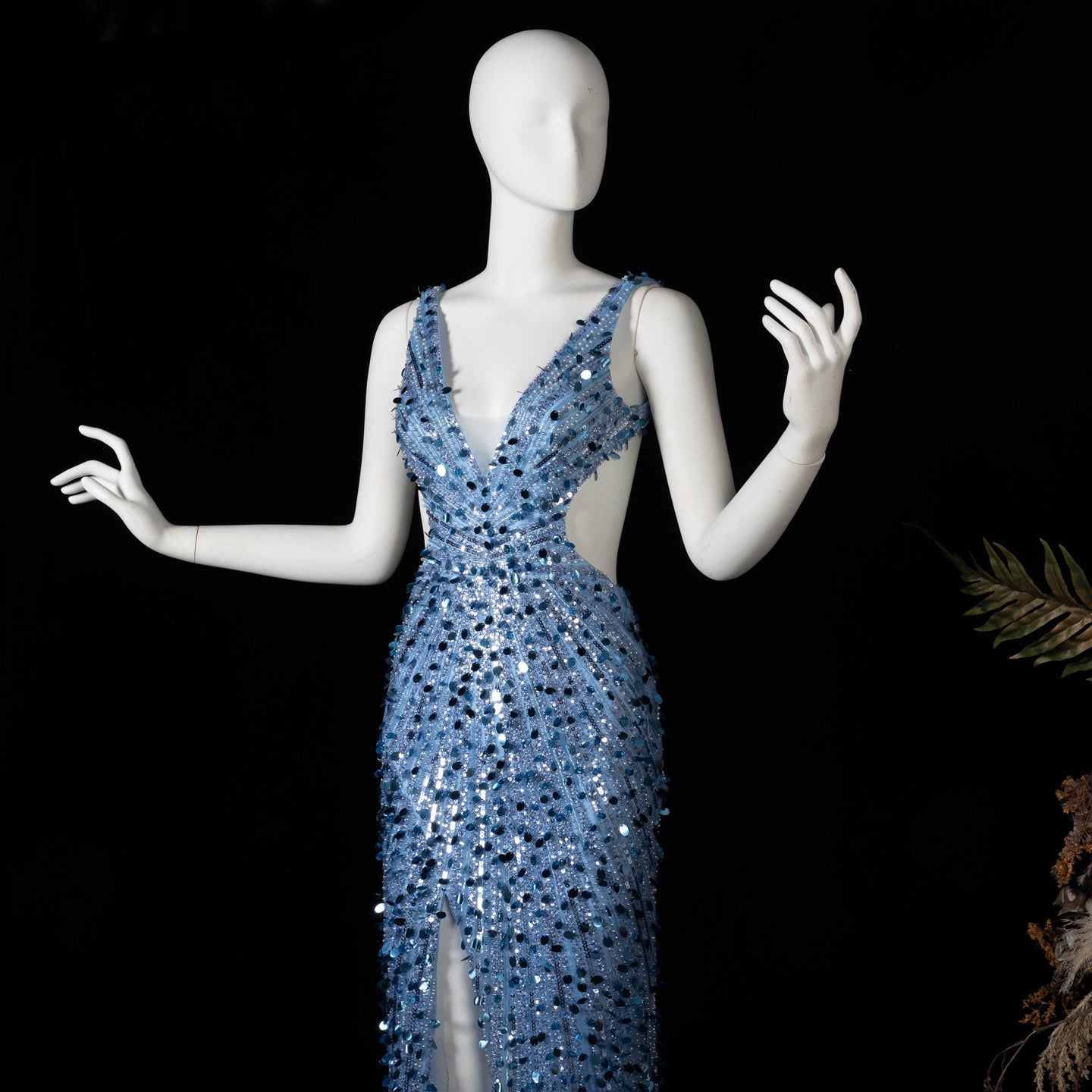 Aqua/ Blue Satin Mermaid Evening Dress deep V sleeveless high slit mermaid gown  SH354 Sheer Fairy