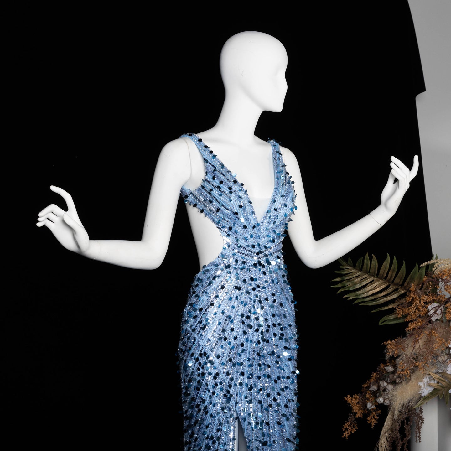 Aqua/ Blue Satin Mermaid Evening Dress deep V sleeveless high slit mermaid gown  SH354 Sheer Fairy