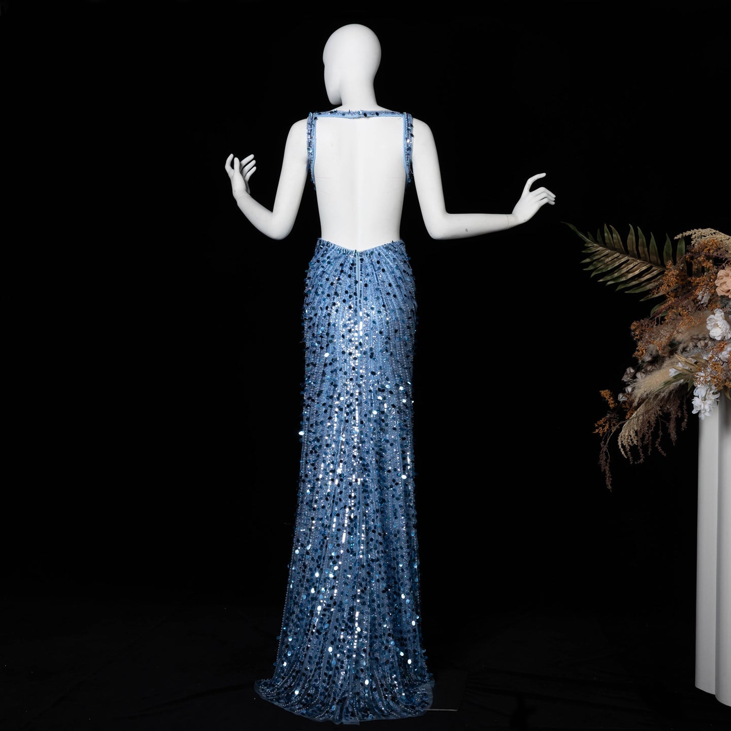Aqua/ Blue Satin Mermaid Evening Dress deep V sleeveless high slit mermaid gown  SH354 Sheer Fairy