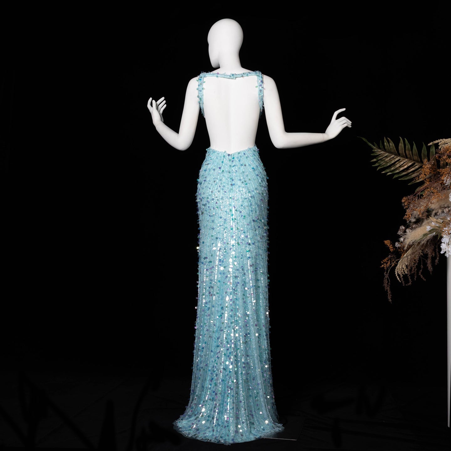 Aqua/ Blue Satin Mermaid Evening Dress deep V sleeveless high slit mermaid gown  SH354 Sheer Fairy