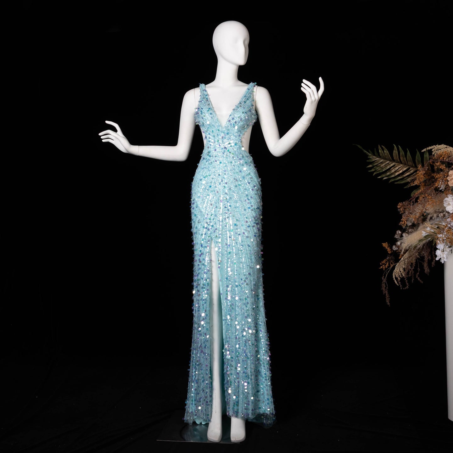 Aqua/ Blue Satin Mermaid Evening Dress deep V sleeveless high slit mermaid gown  SH354 Sheer Fairy