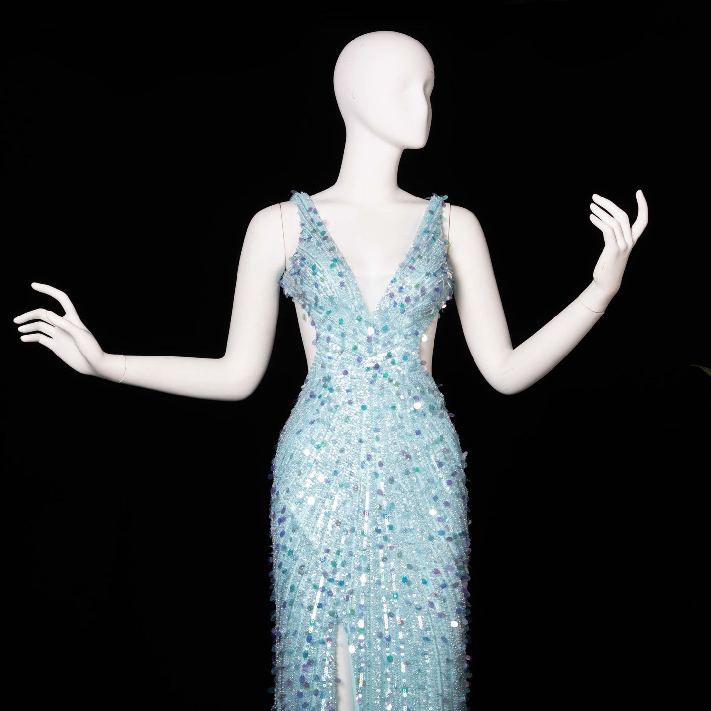 Aqua/ Blue Satin Mermaid Evening Dress deep V sleeveless high slit mermaid gown  SH354 Sheer Fairy