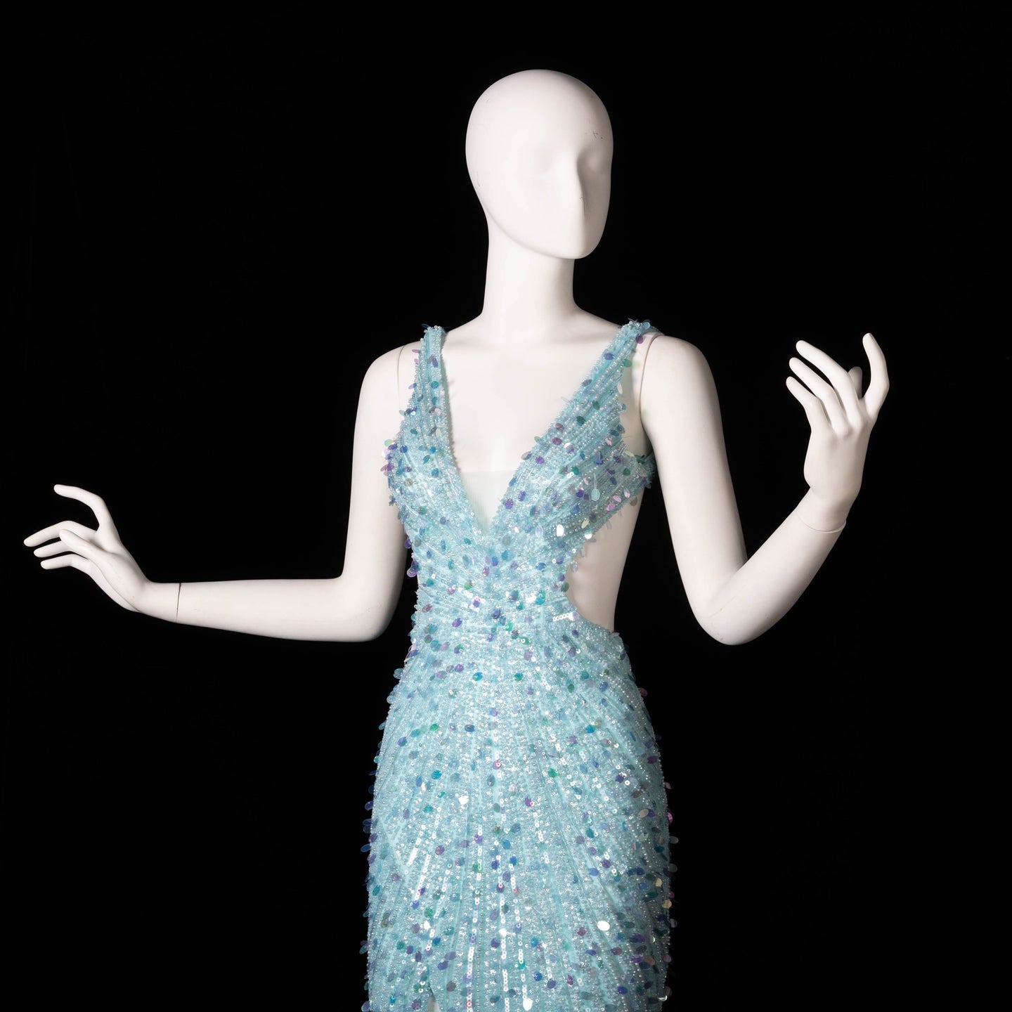 Aqua/ Blue Satin Mermaid Evening Dress deep V sleeveless high slit mermaid gown  SH354 Sheer Fairy