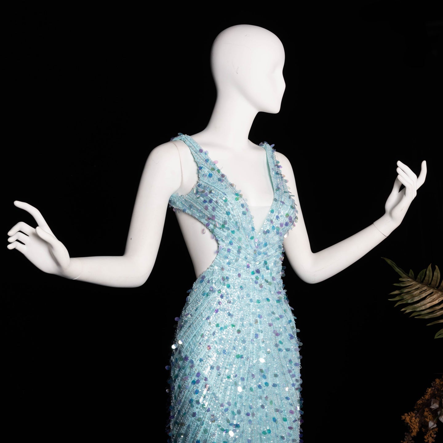 Aqua/ Blue Satin Mermaid Evening Dress deep V sleeveless high slit mermaid gown  SH354 Sheer Fairy