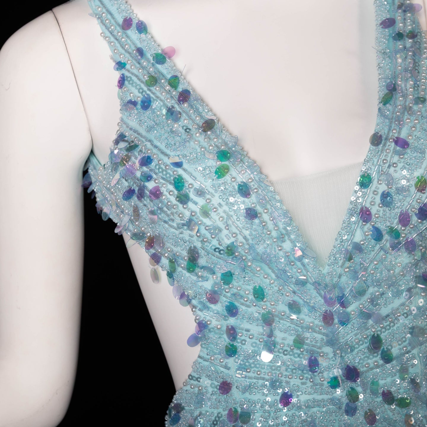 Aqua/ Blue Satin Mermaid Evening Dress deep V sleeveless high slit mermaid gown  SH354 Sheer Fairy