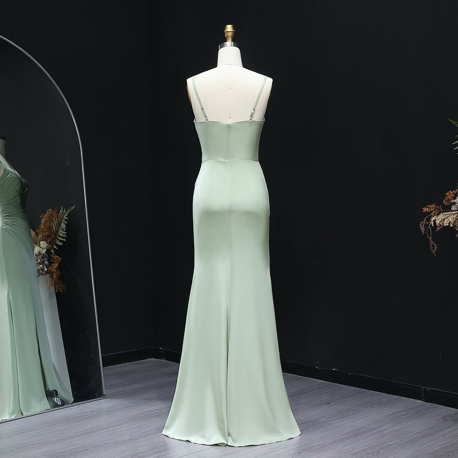 Sage Green V-Neck High Slit Chiffon Sheath Bridesmaid Dress BS019