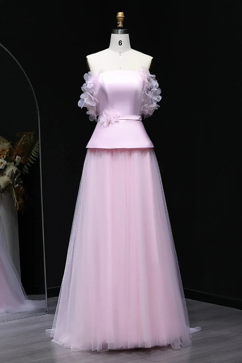 Blush Pink Peplum Off-the-Shoulder Evening Dress with 3D Floral SF228 Sheer Fairy