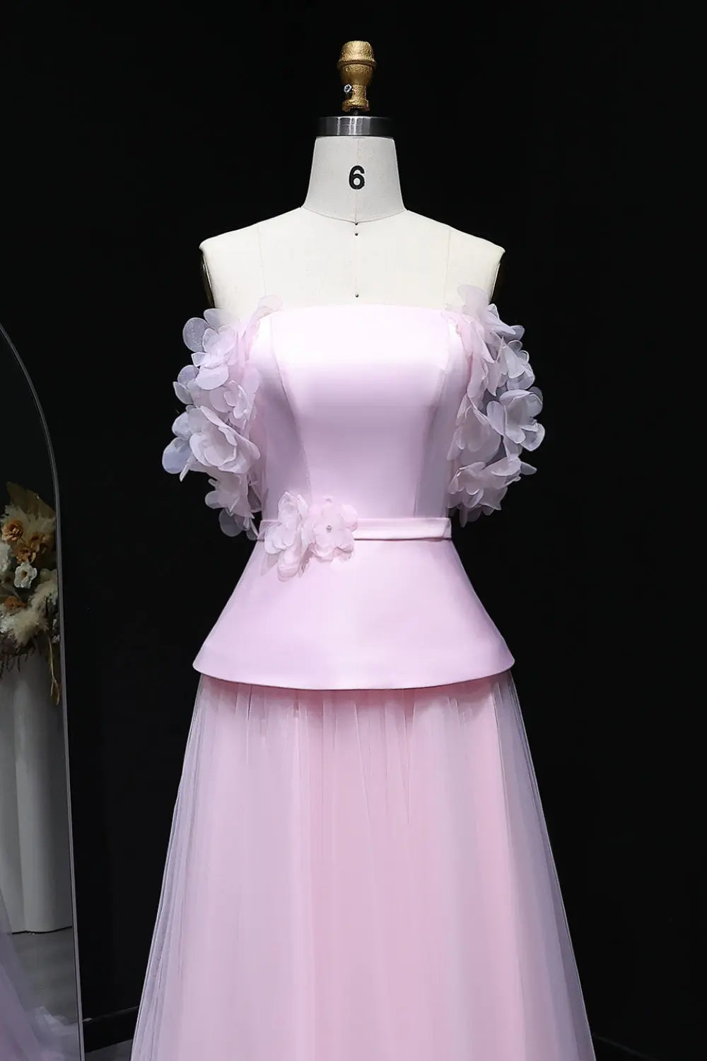 Blush Pink Peplum Off-the-Shoulder Evening Dress with 3D Floral SF228 Sheer Fairy