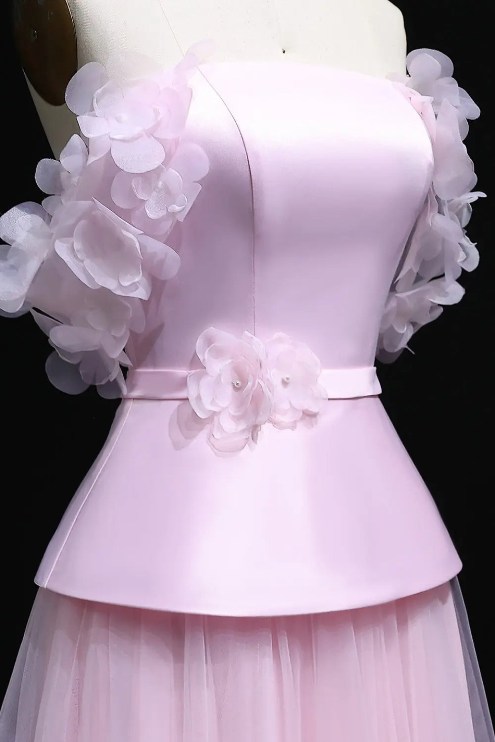 Blush Pink Peplum Off-the-Shoulder Evening Dress with 3D Floral SF228 Sheer Fairy