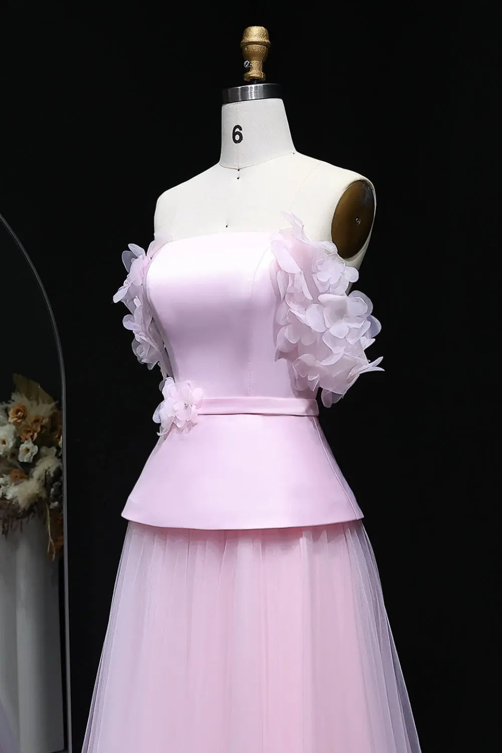 Blush Pink Peplum Off-the-Shoulder Evening Dress with 3D Floral SF228 Sheer Fairy