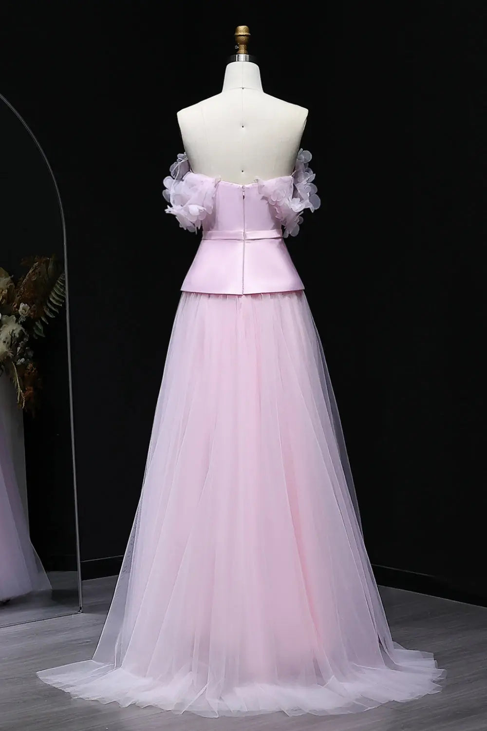 Blush Pink Peplum Off-the-Shoulder Evening Dress with 3D Floral SF228 Sheer Fairy