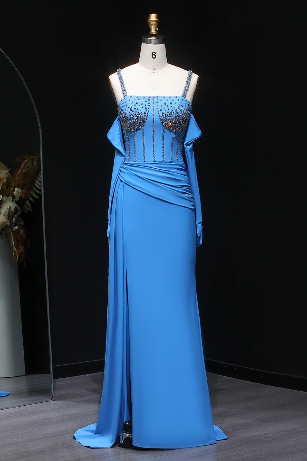 Luxury Beaded Halter Blue Evening Dress with Gloves and Slit SH569 Sheer Fairy
