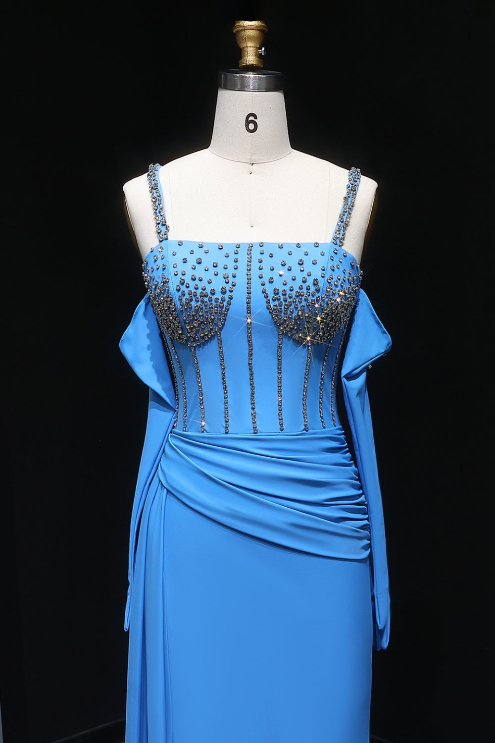 Luxury Beaded Halter Blue Evening Dress with Gloves and Slit SH569 Sheer Fairy