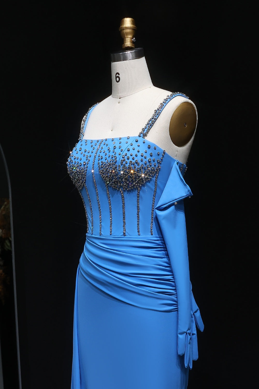 Luxury Beaded Halter Blue Evening Dress with Gloves and Slit SH569 Sheer Fairy