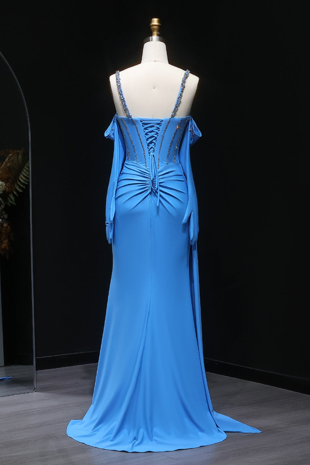 Luxury Beaded Halter Blue Evening Dress with Gloves and Slit SH569 Sheer Fairy