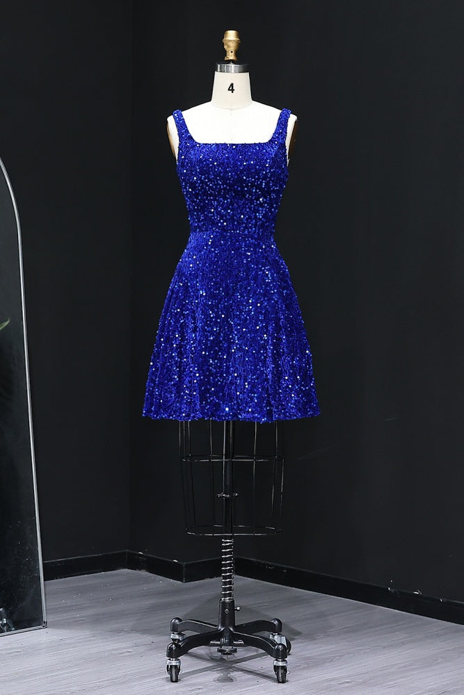 Blue Sequin Square Neck Bodycon Homecoming Dress RM103