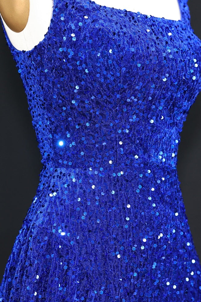 Blue Sequin Square Neck Bodycon Homecoming Dress RM103