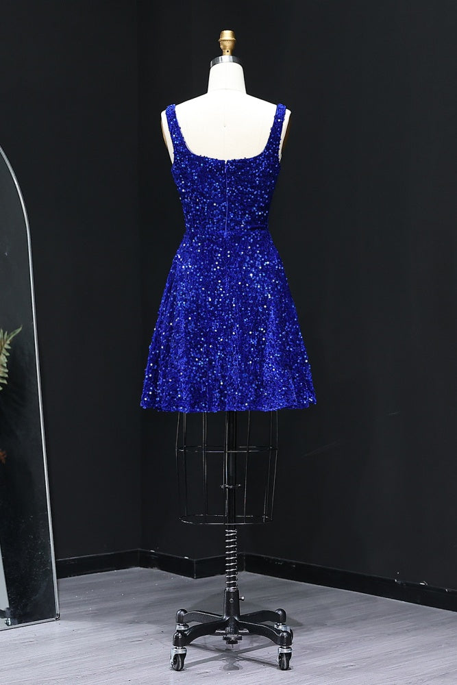 Blue Sequin Square Neck Bodycon Homecoming Dress RM103