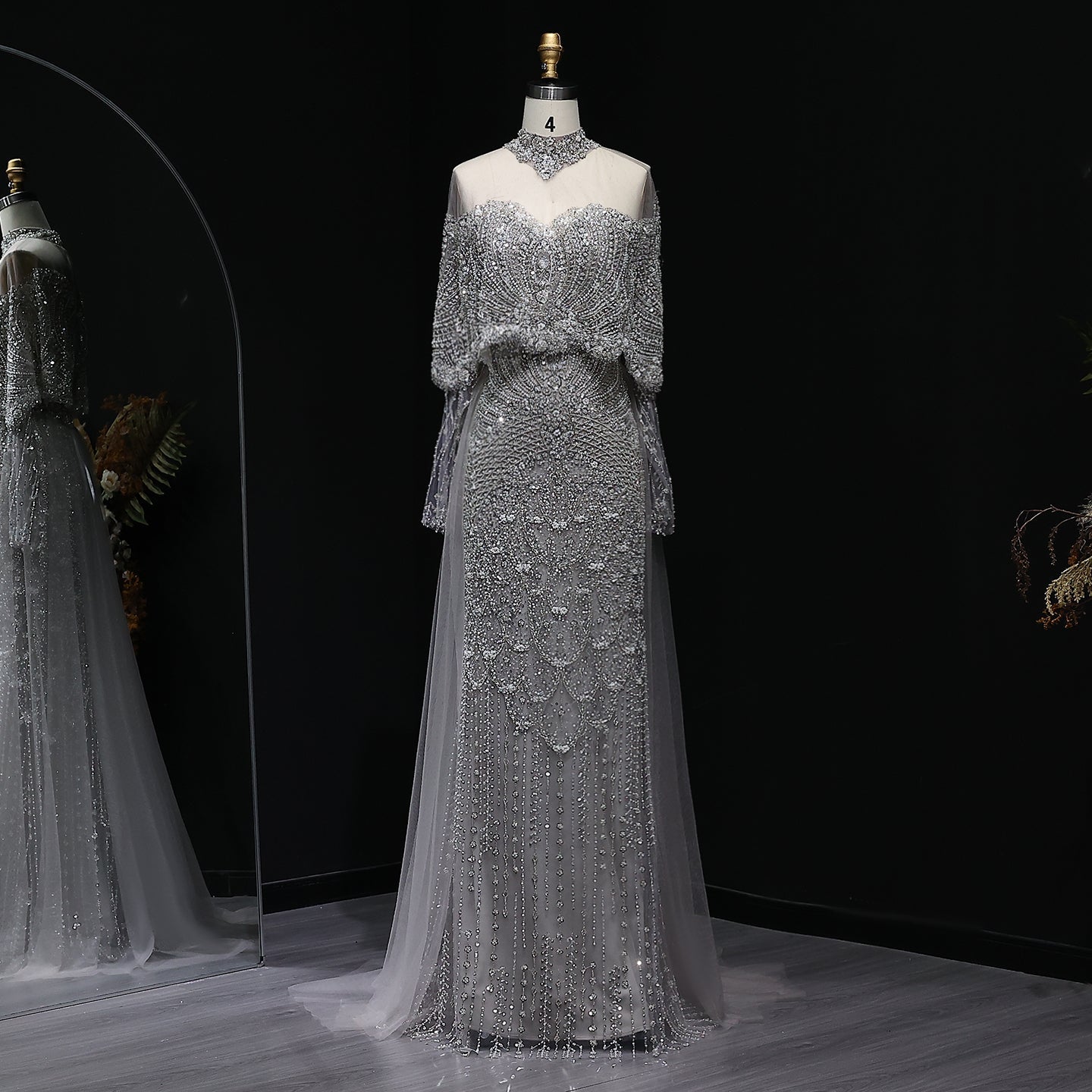 Luxury Champagne Beaded High Neck Cape Sleeve Mermaid Evening Gown SS557 Sheer Fairy