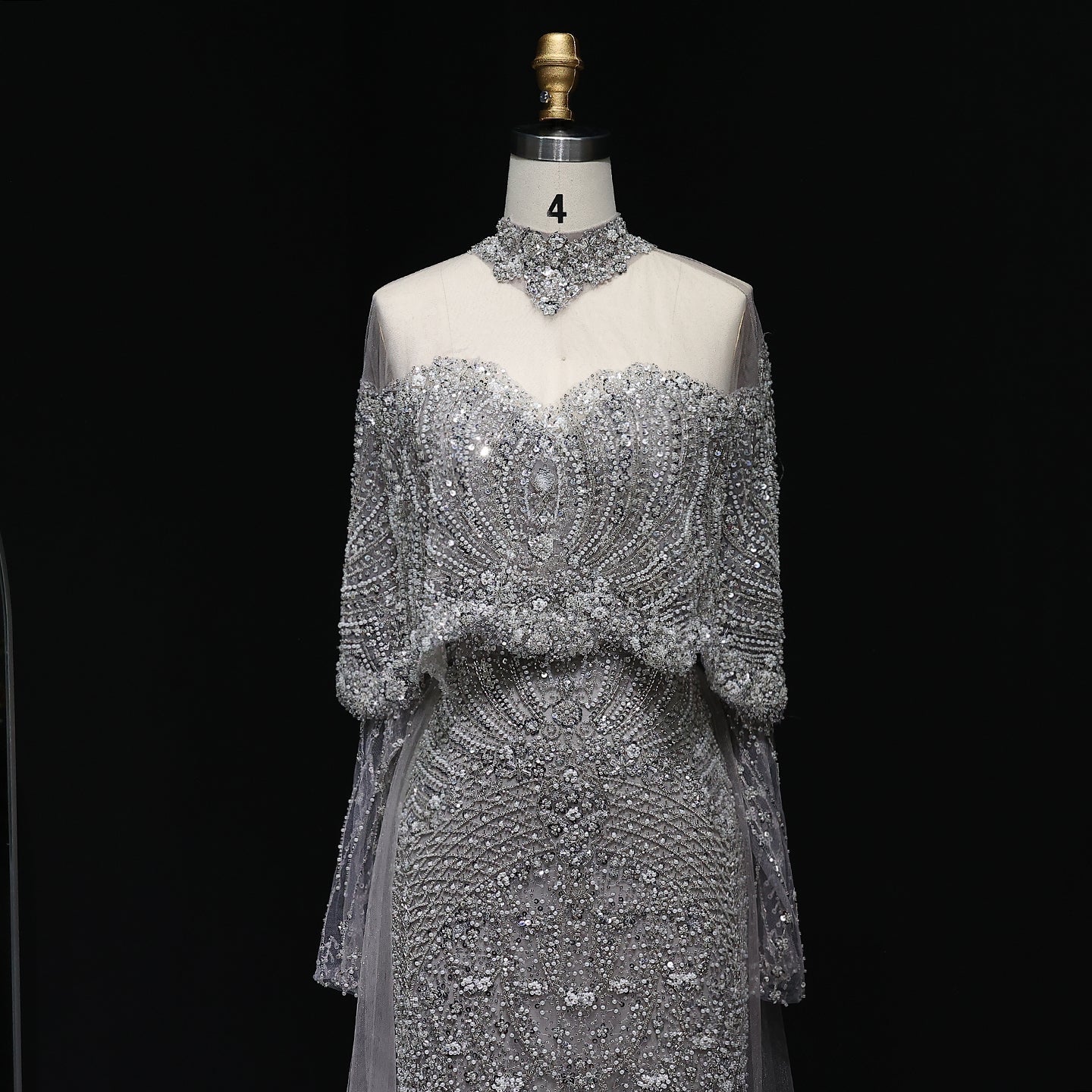 Luxury Champagne Beaded High Neck Cape Sleeve Mermaid Evening Gown SS557 Sheer Fairy