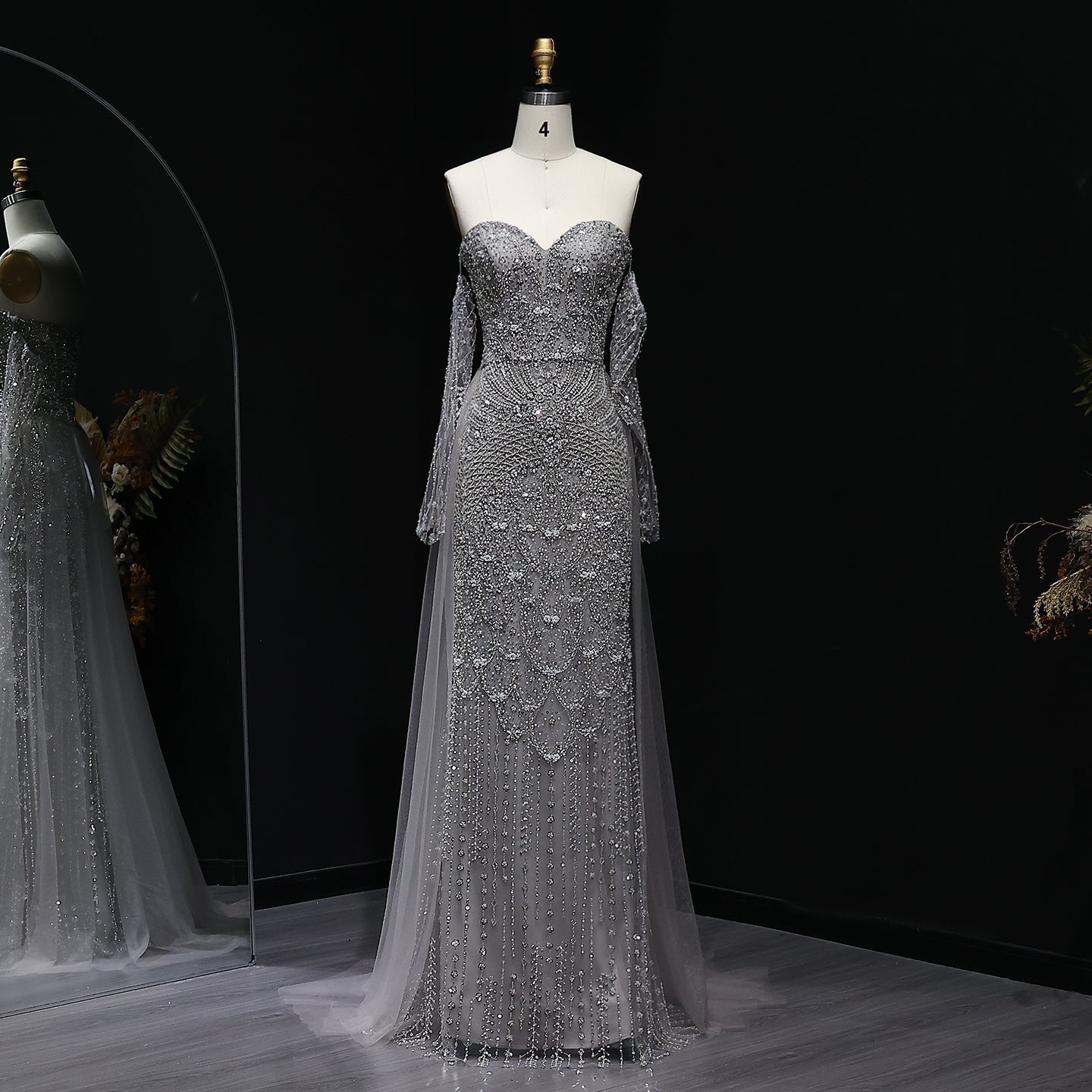 Luxury Champagne Beaded High Neck Cape Sleeve Mermaid Evening Gown SS557 Sheer Fairy