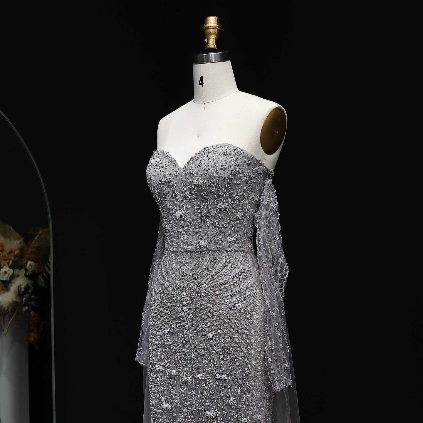 Luxury Champagne Beaded High Neck Cape Sleeve Mermaid Evening Gown SS557 Sheer Fairy