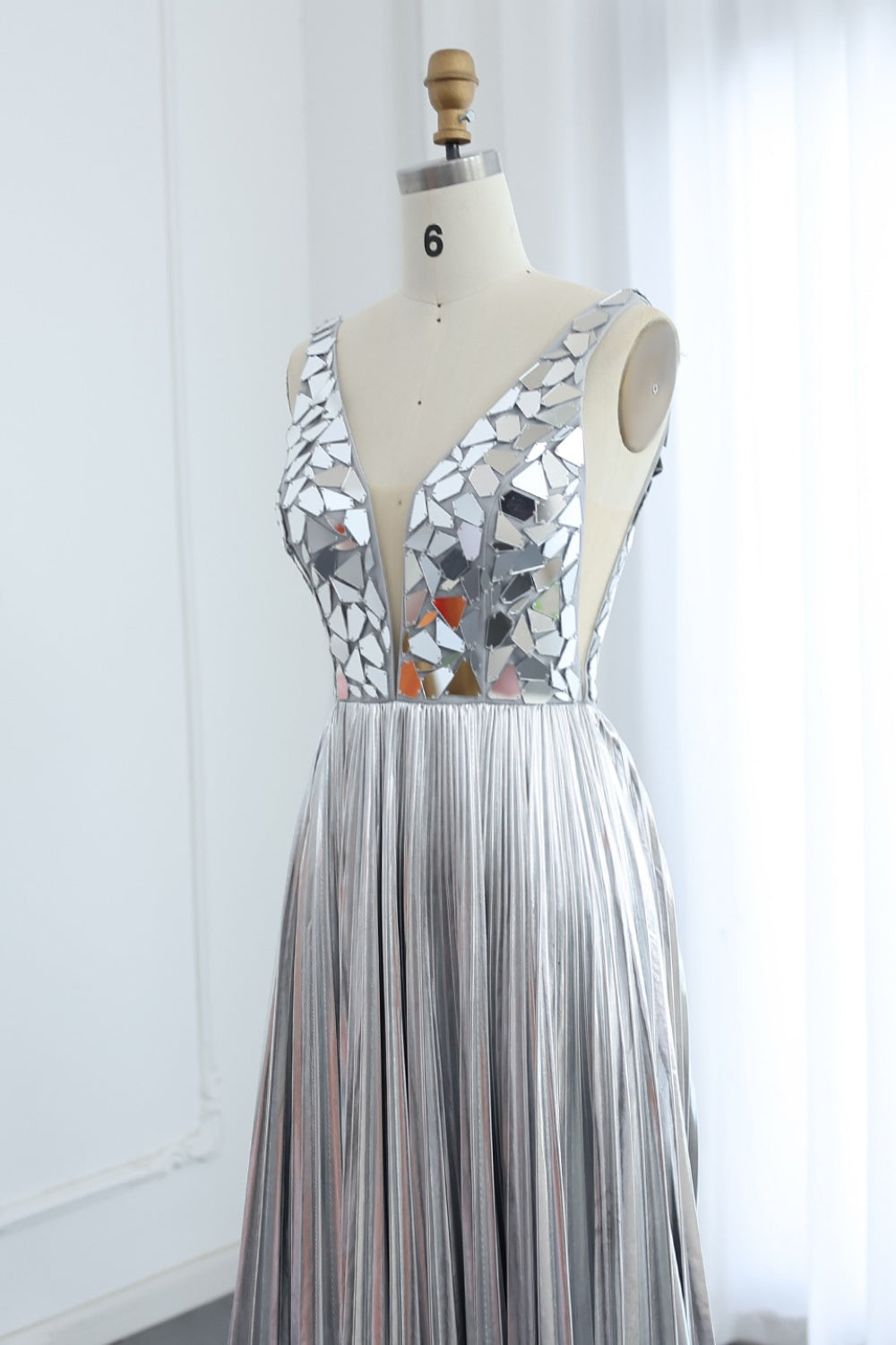 Sequined Deep V-Neck A-Line Prom Dress with Pleated Satin Skirt SH305 Sheer Fairy