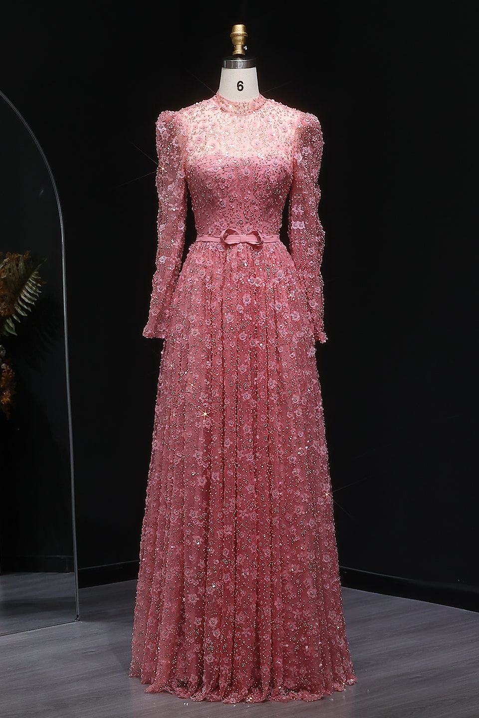 Pink Floral Lace High Neck A-Line Sleeves Evening Dress SS700