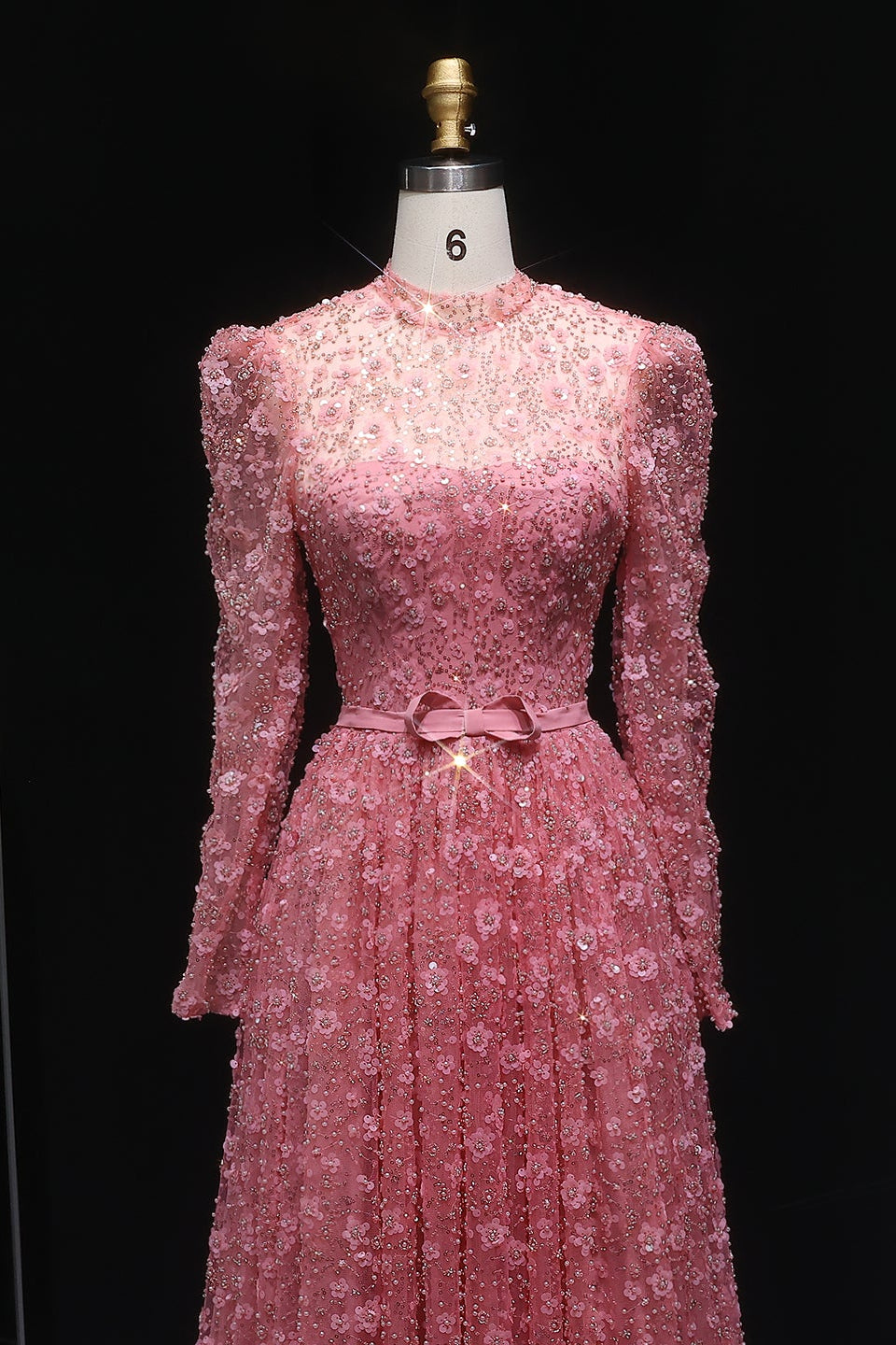 Pink Floral Lace High Neck A-Line Sleeves Evening Dress SS700