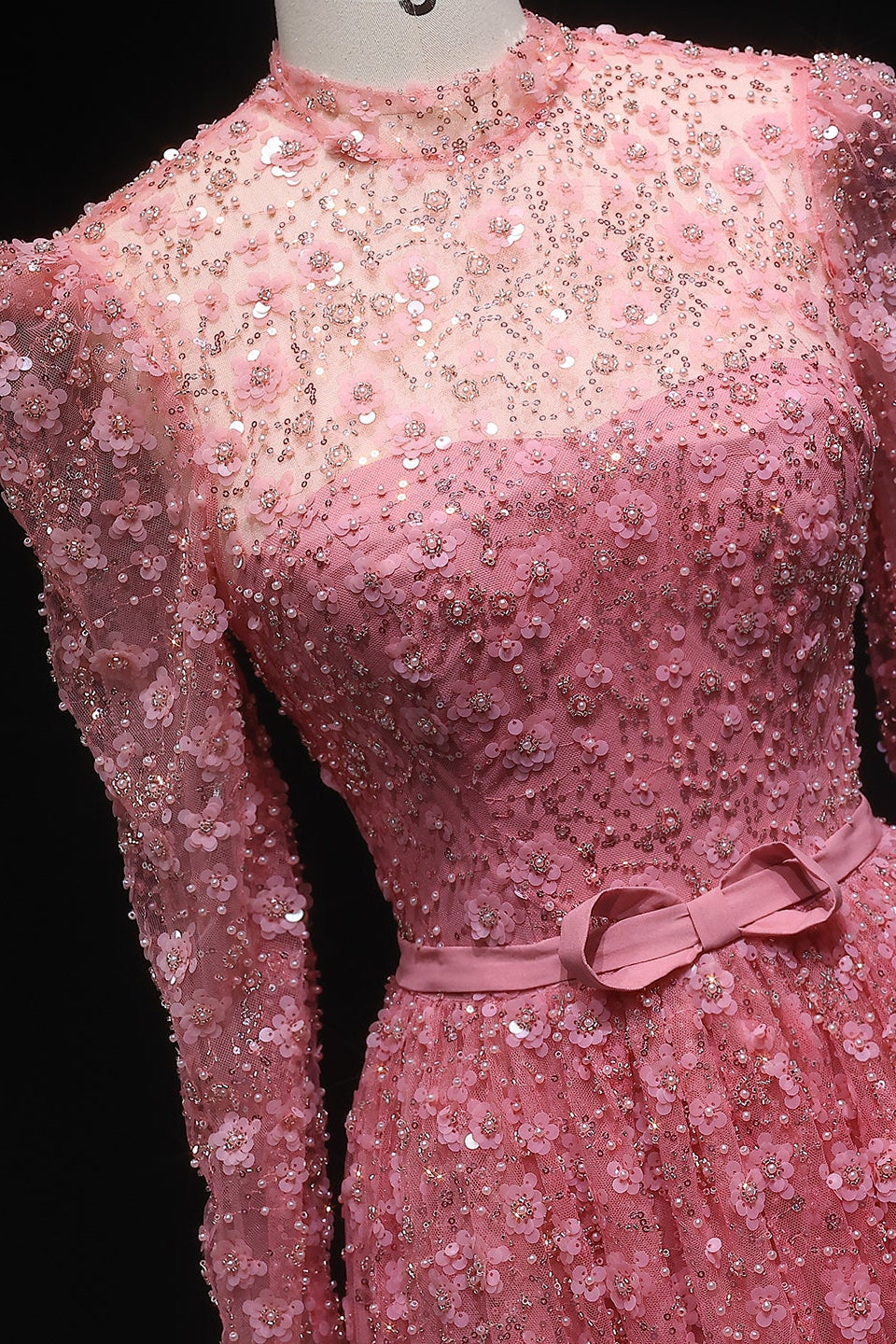 Pink Floral Lace High Neck A-Line Sleeves Evening Dress SS700