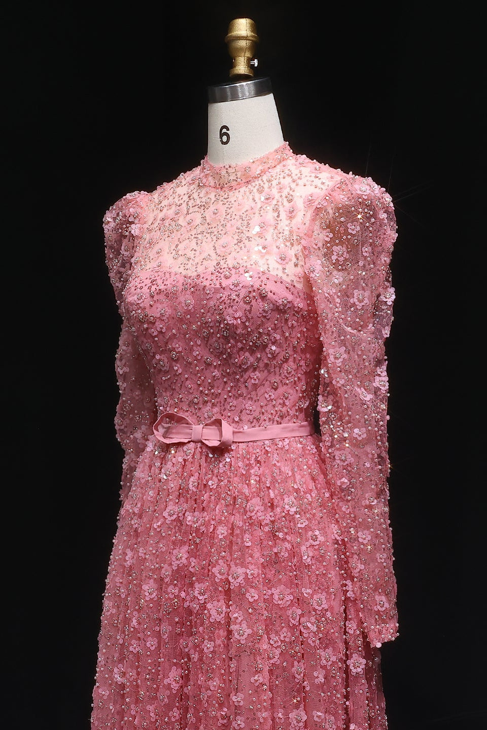 Pink Floral Lace High Neck A-Line Sleeves Evening Dress SS700