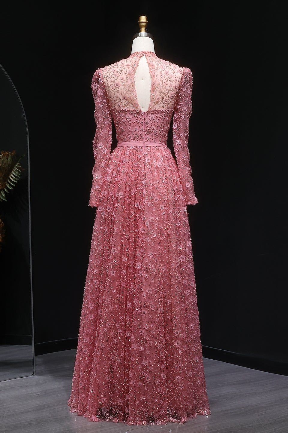 Pink Floral Lace High Neck A-Line Sleeves Evening Dress SS700