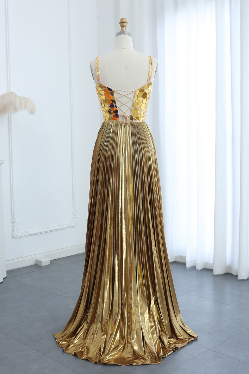 Silver Sequin Square Neck A-Line Prom Dress with Pleated Satin Skirt SH306 Sheer Fairy