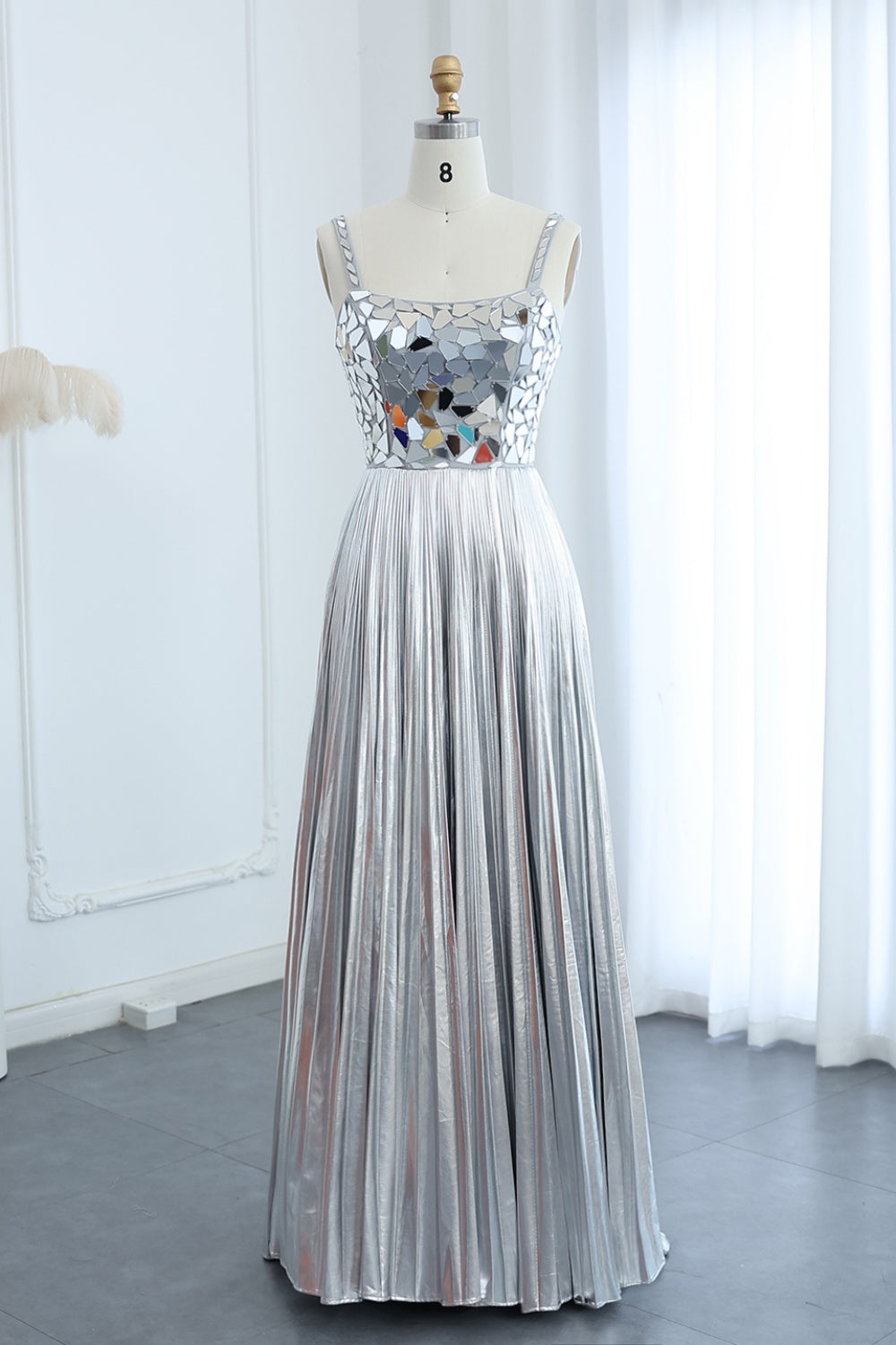 Silver Sequin Square Neck A-Line Prom Dress with Pleated Satin Skirt SH306 Sheer Fairy