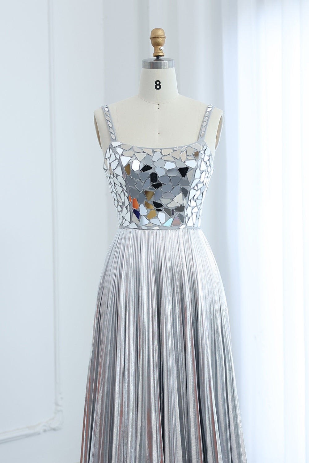 Silver Sequin Square Neck A-Line Prom Dress with Pleated Satin Skirt SH306 Sheer Fairy