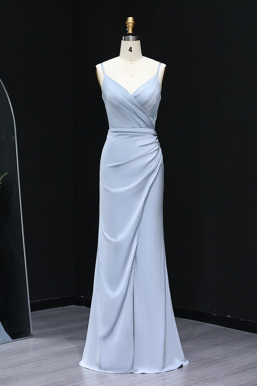 Powder Gray Satin Deep V-Neck Mermaid Prom Dress SH279 Sheer Fairy