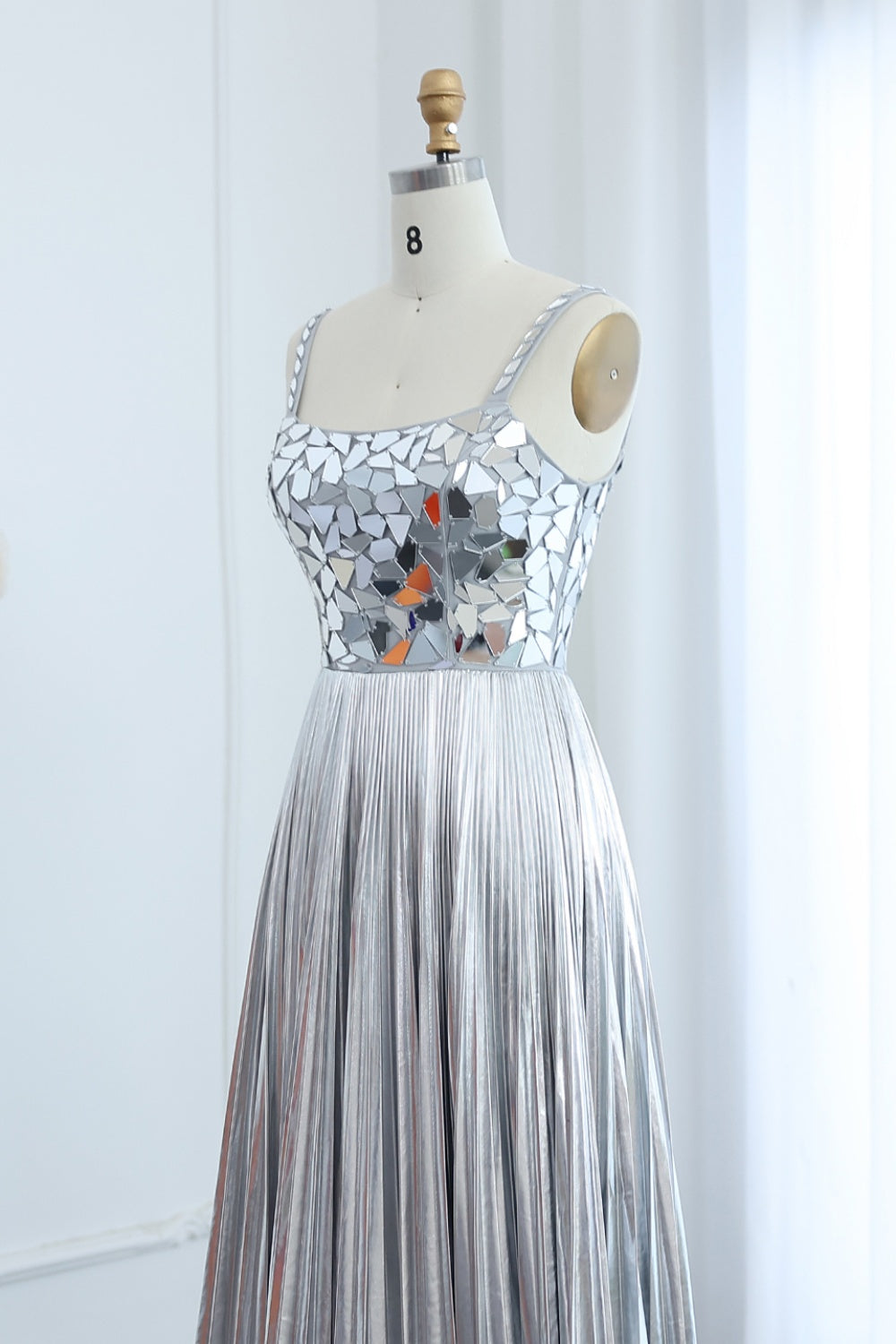 Silver Sequin Square Neck A-Line Prom Dress with Pleated Satin Skirt SH306 Sheer Fairy