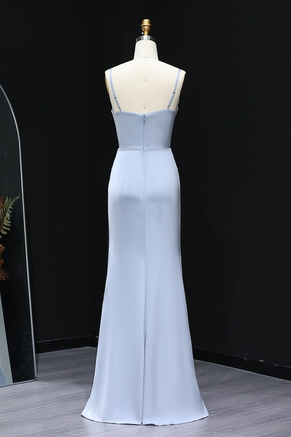 Powder Gray Satin Deep V-Neck Mermaid Prom Dress SH279 Sheer Fairy