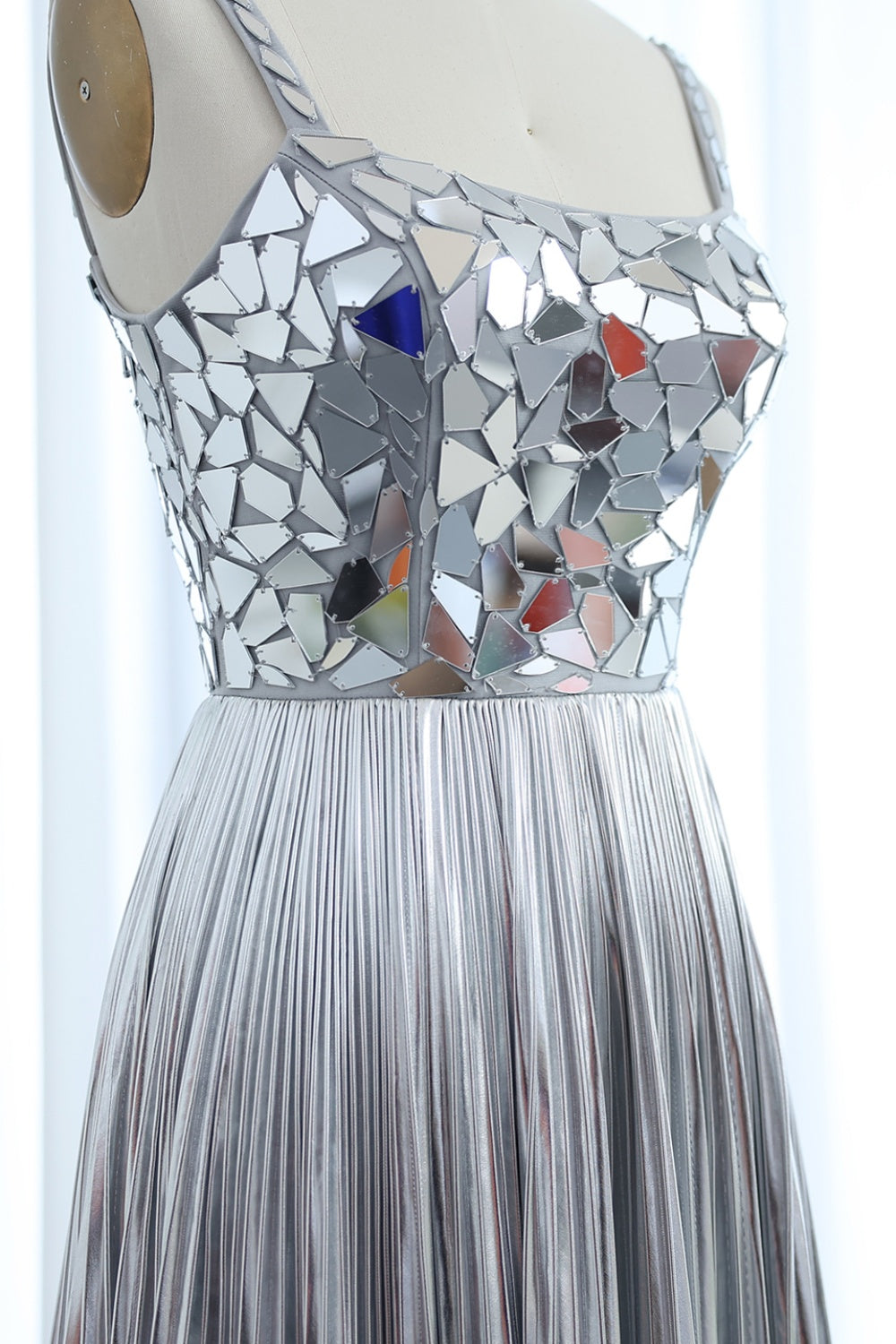 Silver Sequin Square Neck A-Line Prom Dress with Pleated Satin Skirt SH306 Sheer Fairy