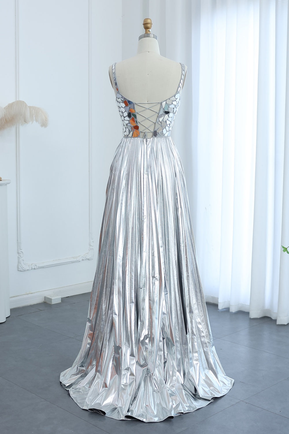 Silver Sequin Square Neck A-Line Prom Dress with Pleated Satin Skirt SH306 Sheer Fairy