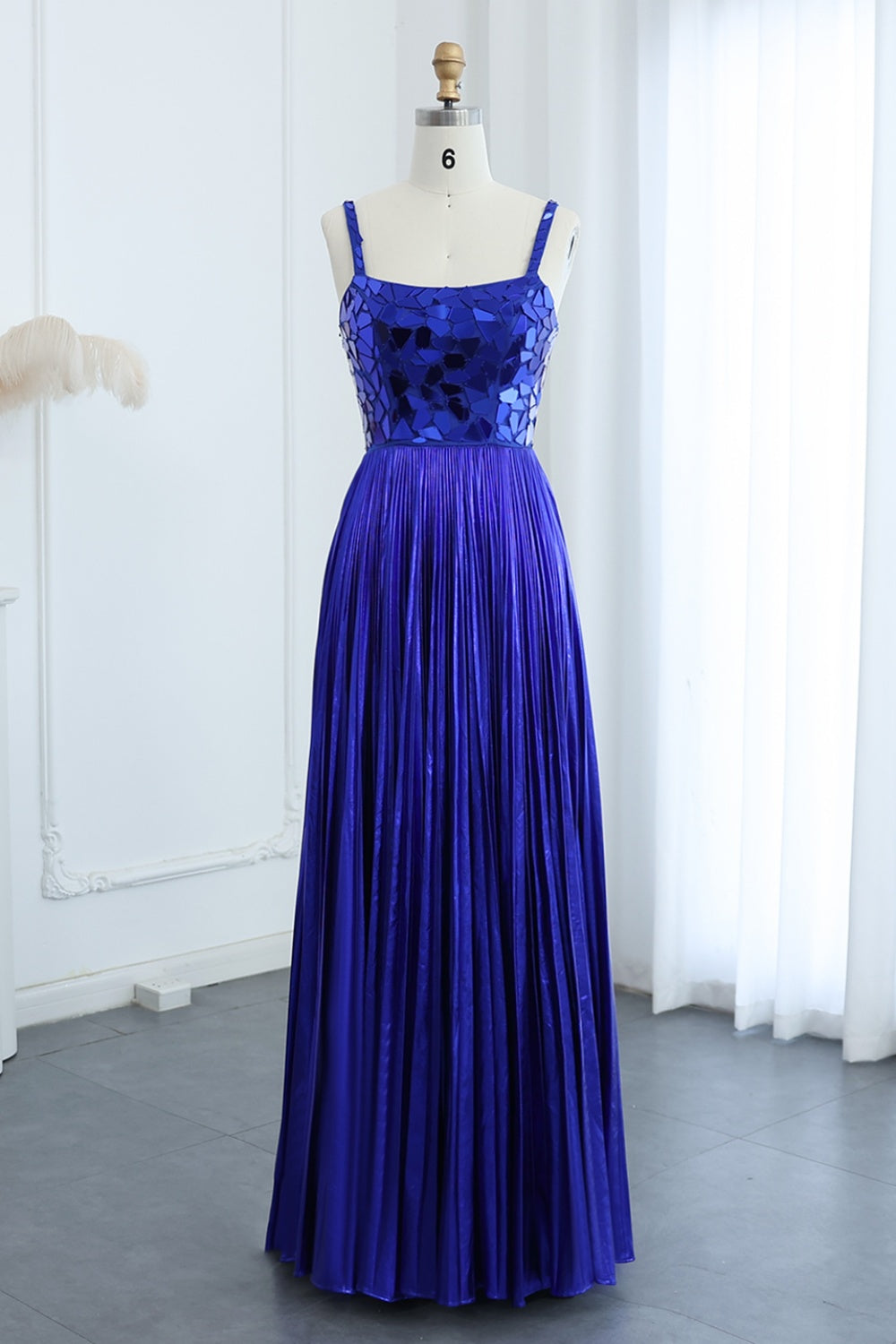 Silver Sequin Square Neck A-Line Prom Dress with Pleated Satin Skirt SH306 Sheer Fairy