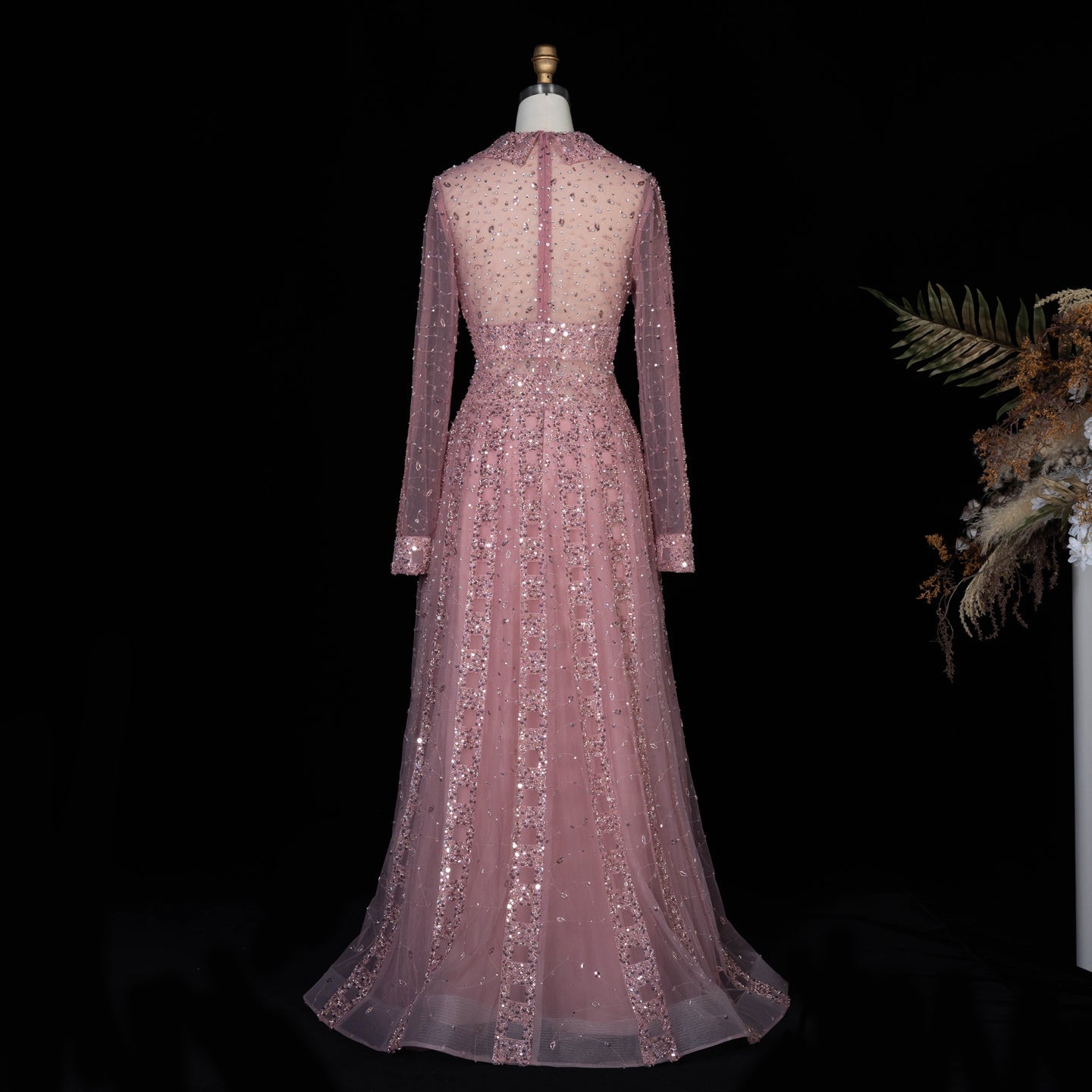 Beaded Sheer Sleeve Dusty Blue A-Line Formal Evening Dress SS419 Sheer Fairy