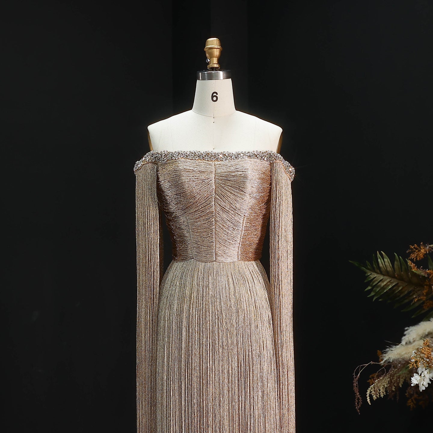 Long Gold Off-the-Shoulder Fringe Evening Dress SS232 Sheer Fairy