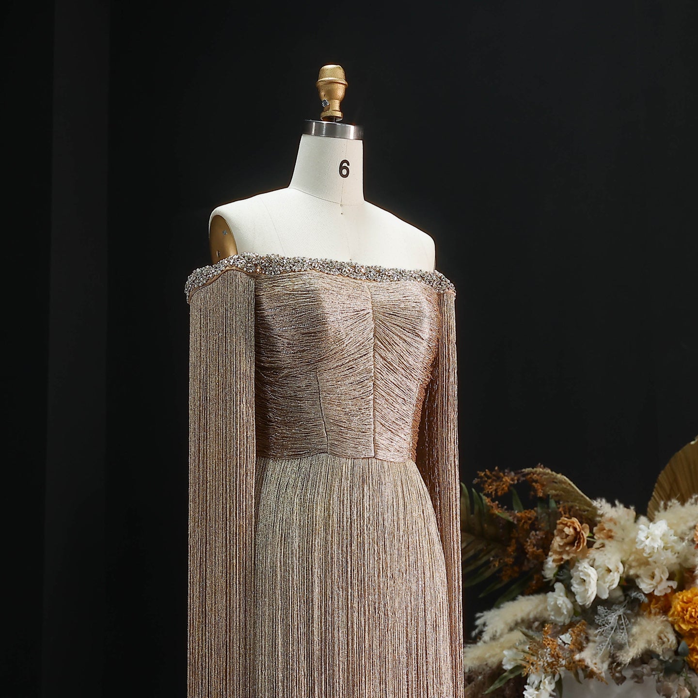 Long Gold Off-the-Shoulder Fringe Evening Dress SS232 Sheer Fairy