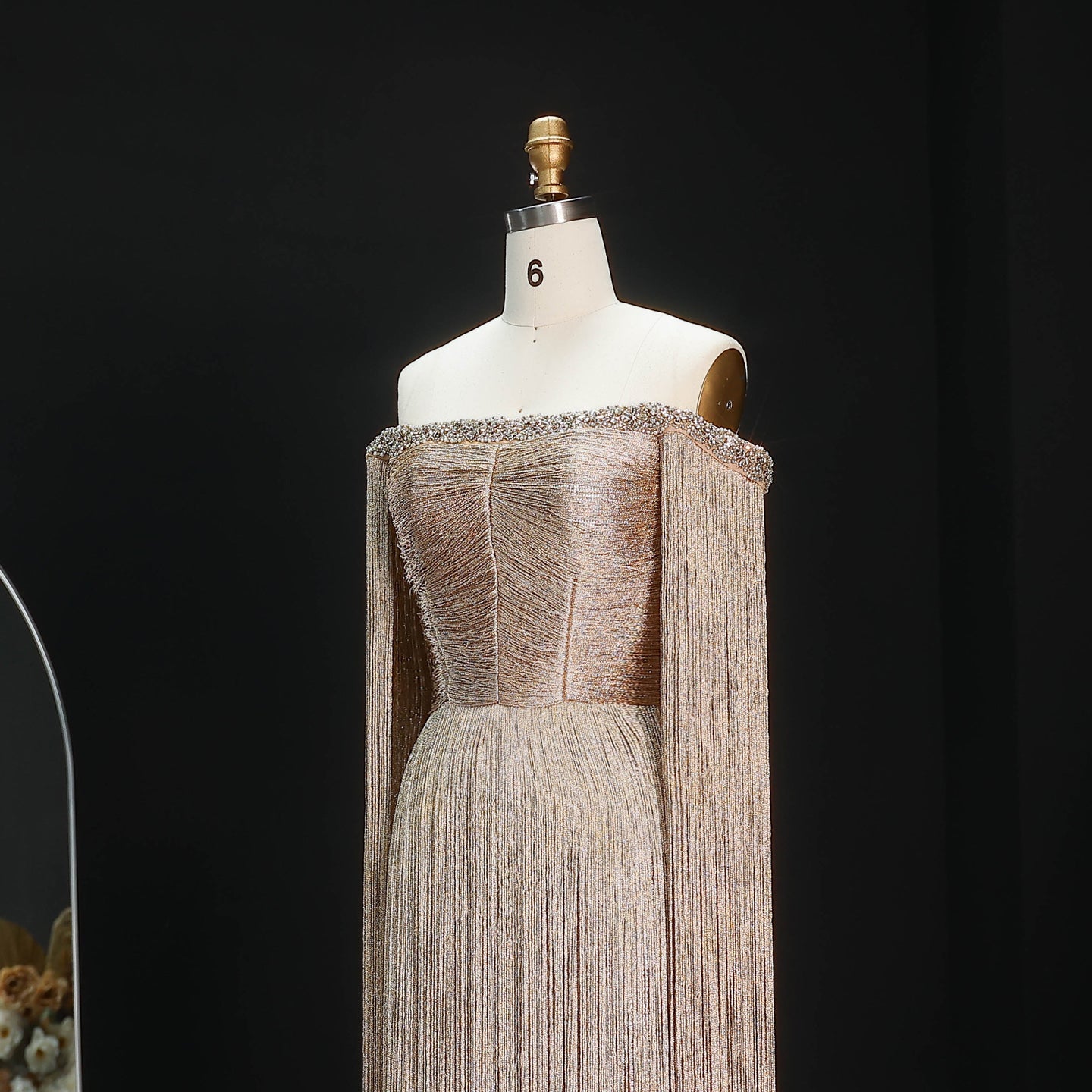 Long Gold Off-the-Shoulder Fringe Evening Dress SS232 Sheer Fairy