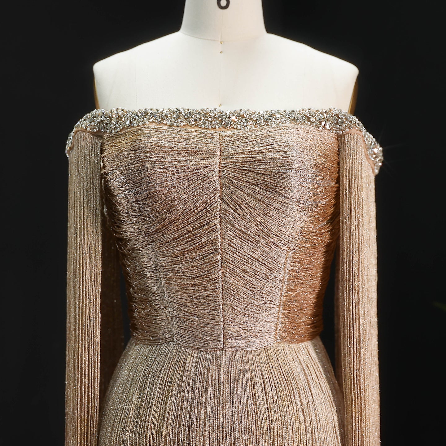 Long Gold Off-the-Shoulder Fringe Evening Dress SS232 Sheer Fairy