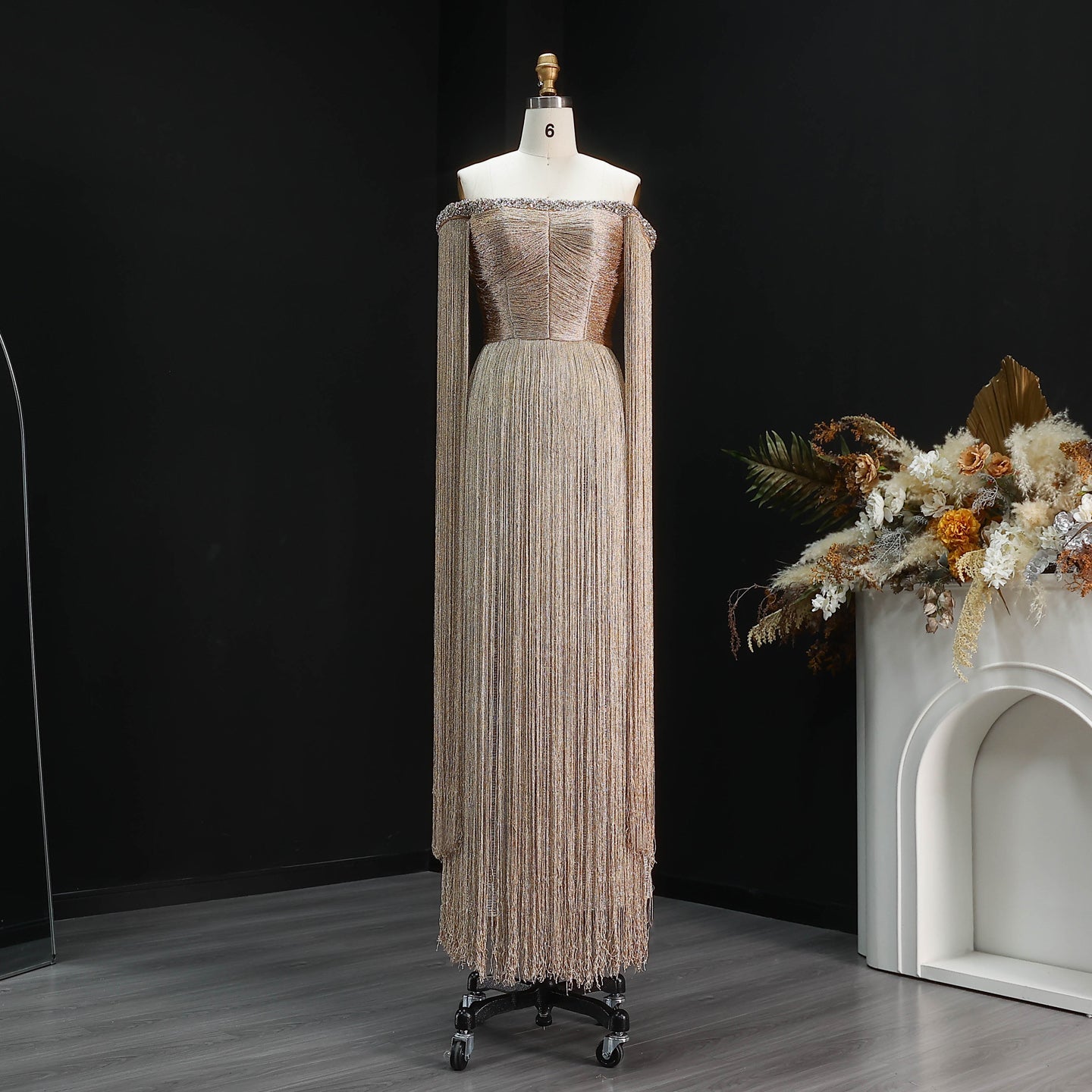 Long Gold Off-the-Shoulder Fringe Evening Dress SS232 Sheer Fairy