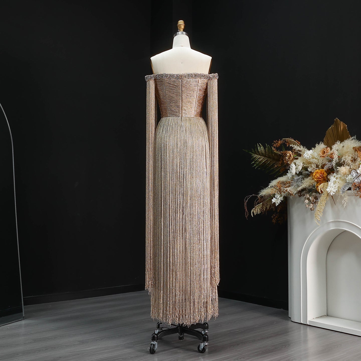 Long Gold Off-the-Shoulder Fringe Evening Dress SS232 Sheer Fairy