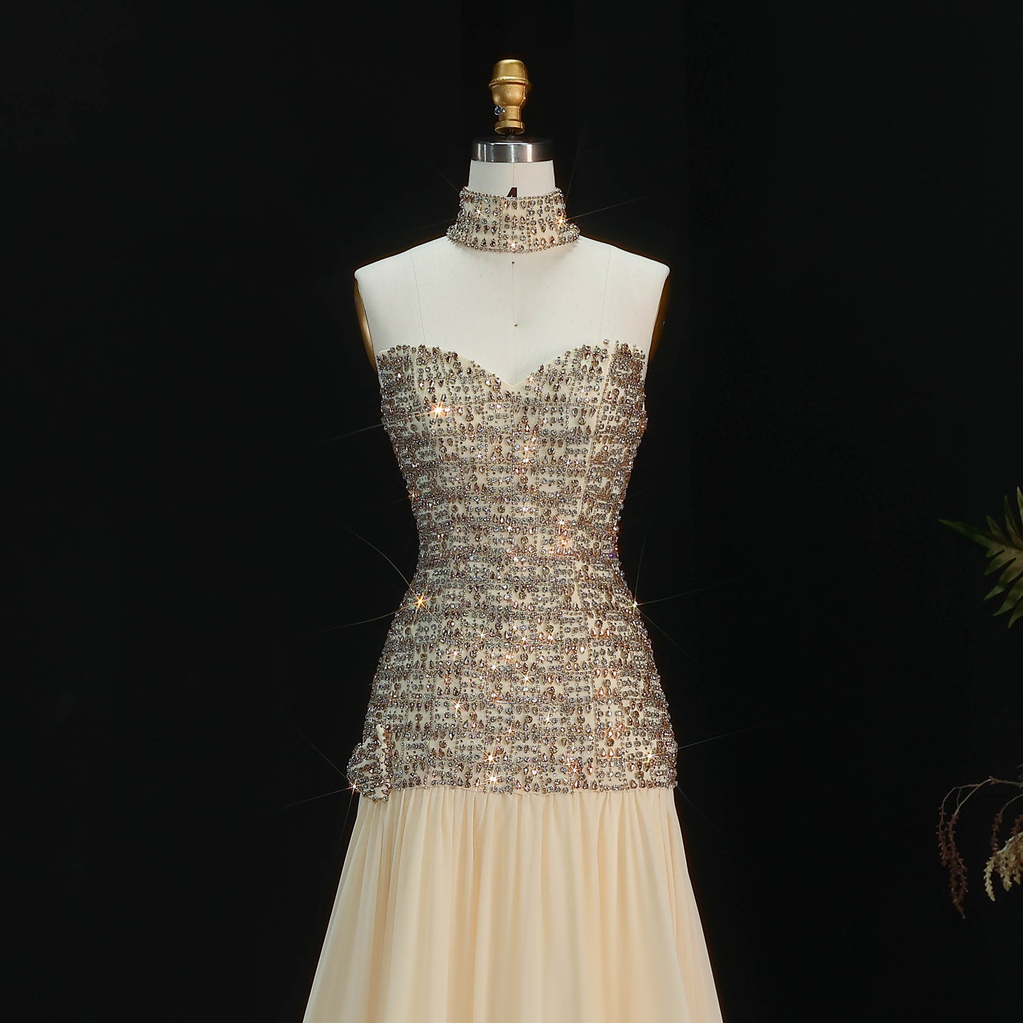 Sweetheart Gold Evening Dress with All-Over Crystal Beading & Flowy SS504 Sheer Fairy