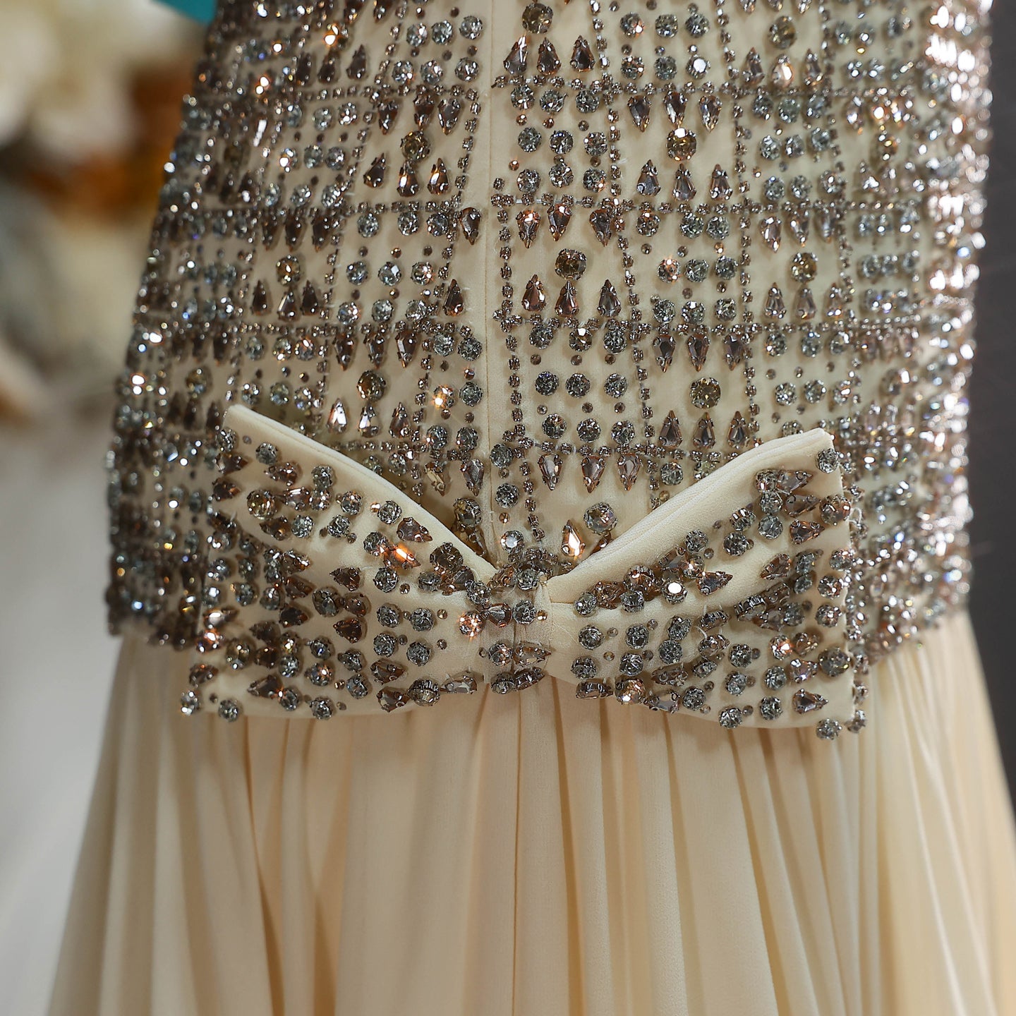 Sweetheart Gold Evening Dress with All-Over Crystal Beading & Flowy SS504 Sheer Fairy